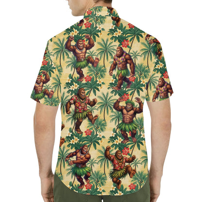 Lifestyle shot of someone wearing the dancing gorillas artwork hawaiian shirt outdoors.