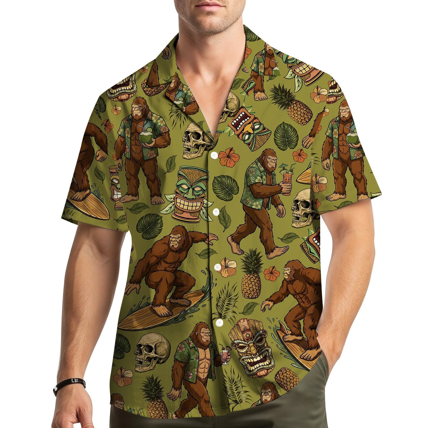 Person wearing the tropical bigfoot hawaiian shirt outdoors, lifestyle view