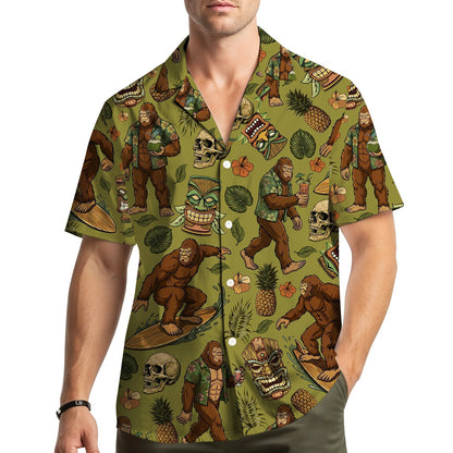 Person wearing the tropical bigfoot hawaiian shirt outdoors, lifestyle view