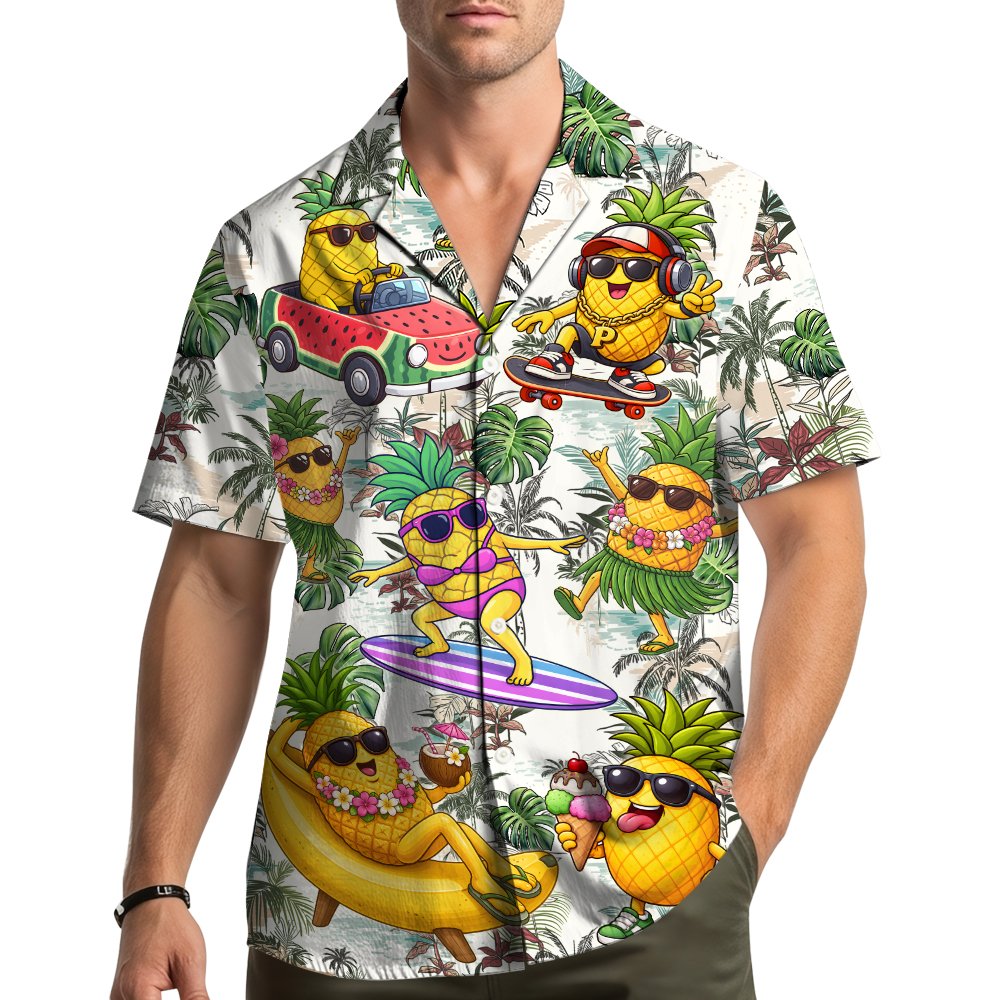 Lifestyle view of the tropical hawaiian shirt worn outdoors