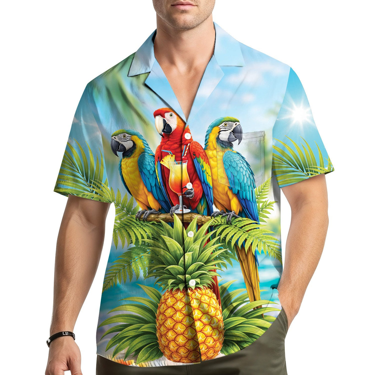 Lifestyle view of the tropical hawaiian shirt being worn outdoors