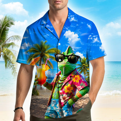 Lifestyle view of the blue tropical hawaiian shirt worn outside