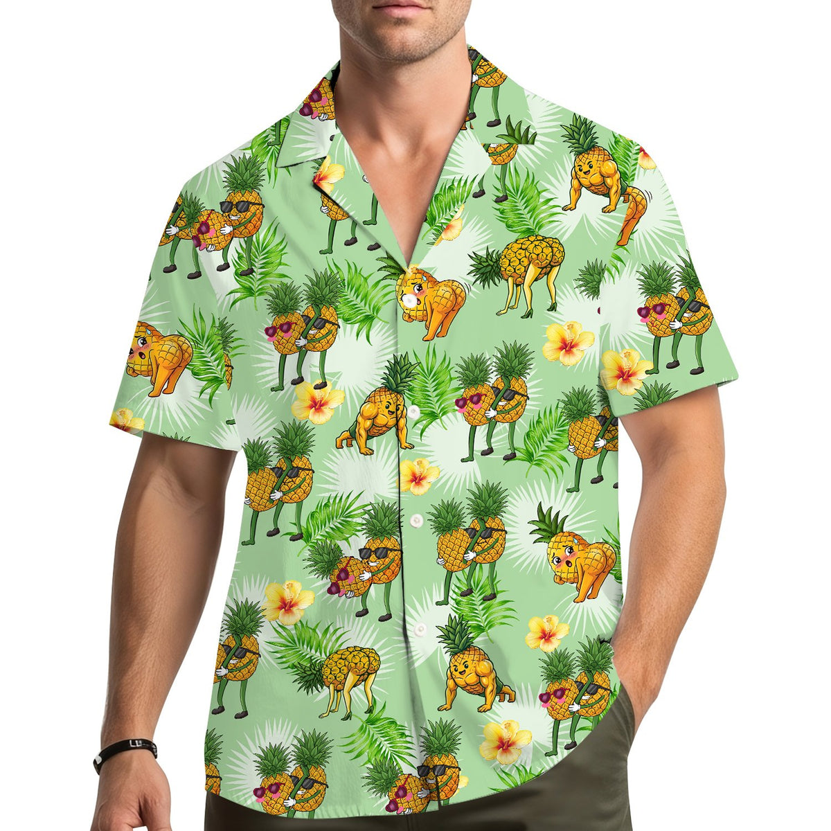 Lifestyle image of someone wearing the matching family Hawaiian shirt with humorous pineapples
