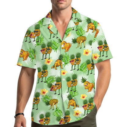 Lifestyle image of someone wearing the matching family Hawaiian shirt with humorous pineapples