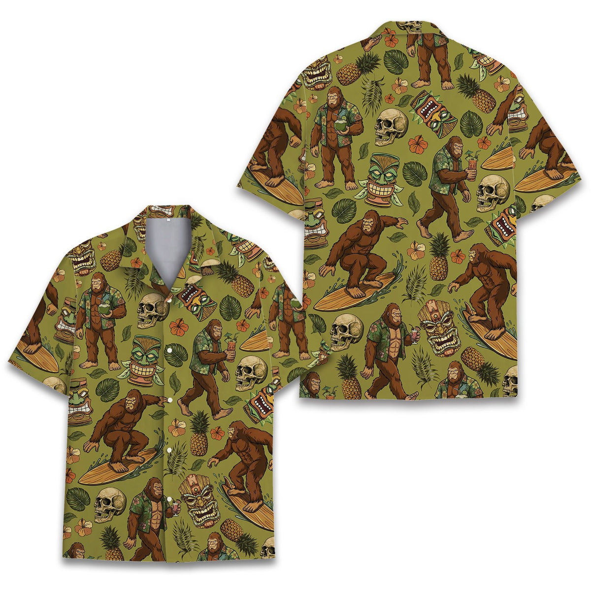 Additional detail view of the button-down collar and tropical print