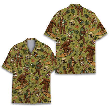 Additional detail view of the button-down collar and tropical print