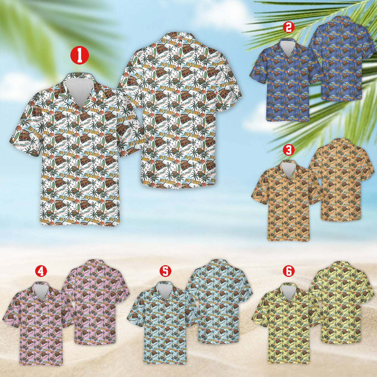 Matching family hawaiian shirts in retro surf wagon design, other view