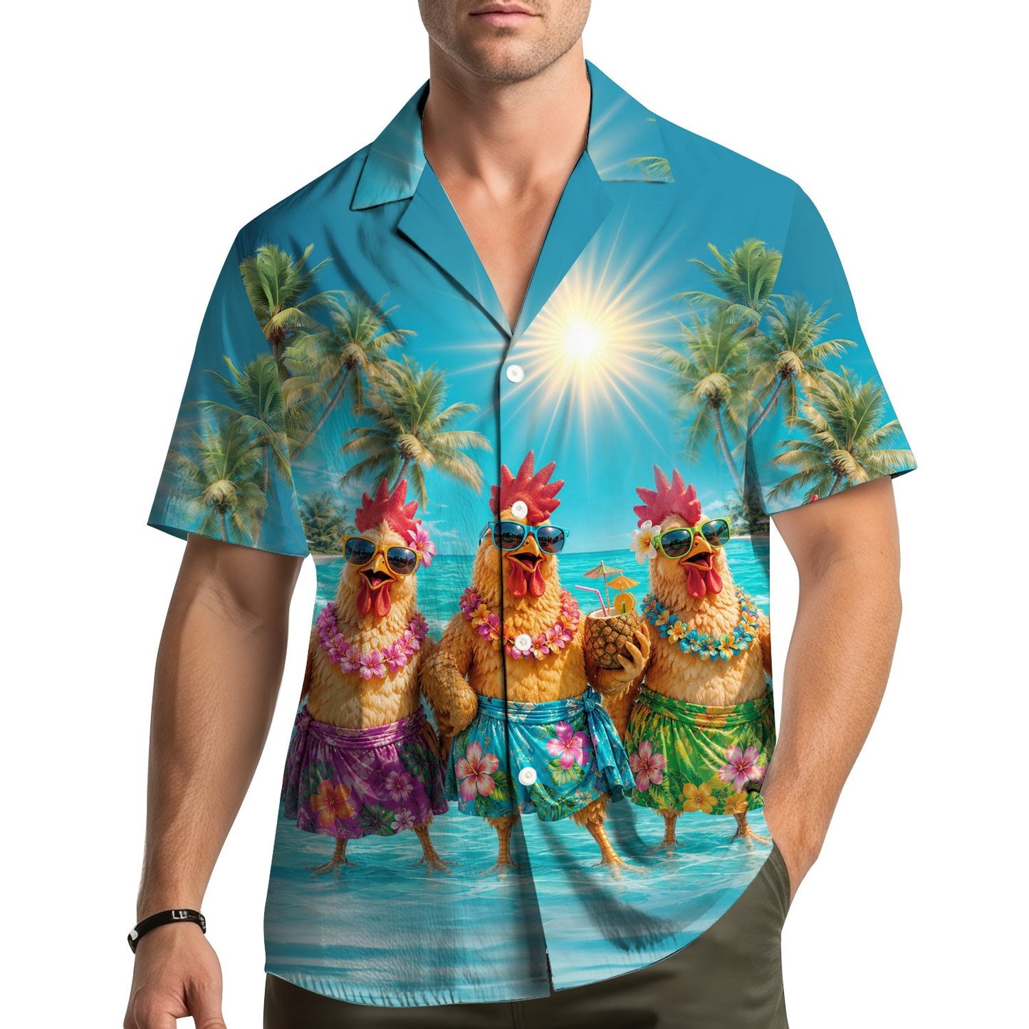 Tropical cartoon chicken hawaiian shirt, multicolor lifestyle view