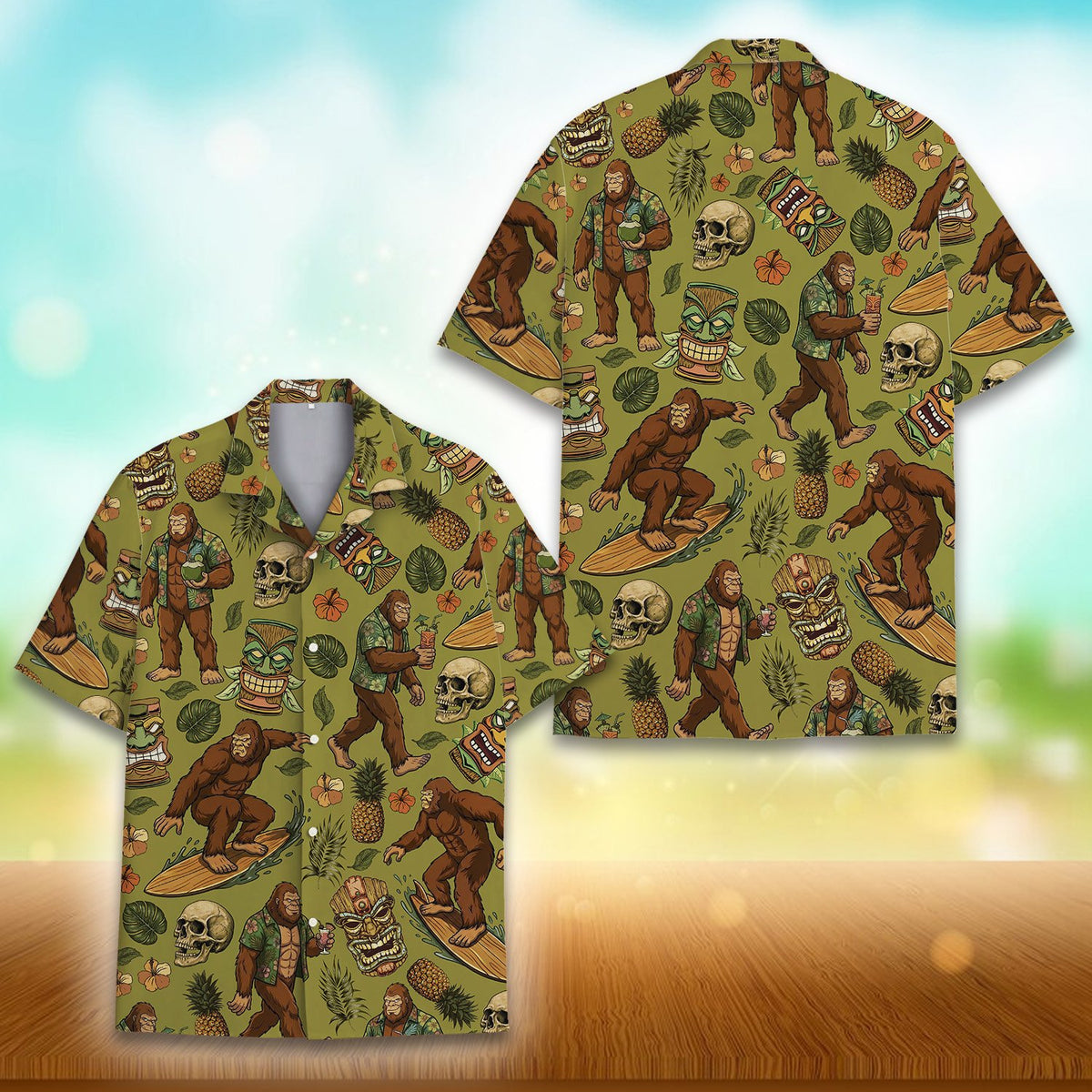 Close-up detail of the polyester fabric and tropical bigfoot pattern