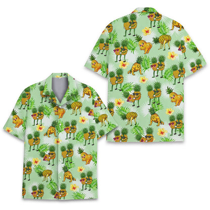 Close-up detail of the humorous pineapple and hibiscus print on the tropical Hawaiian shirt