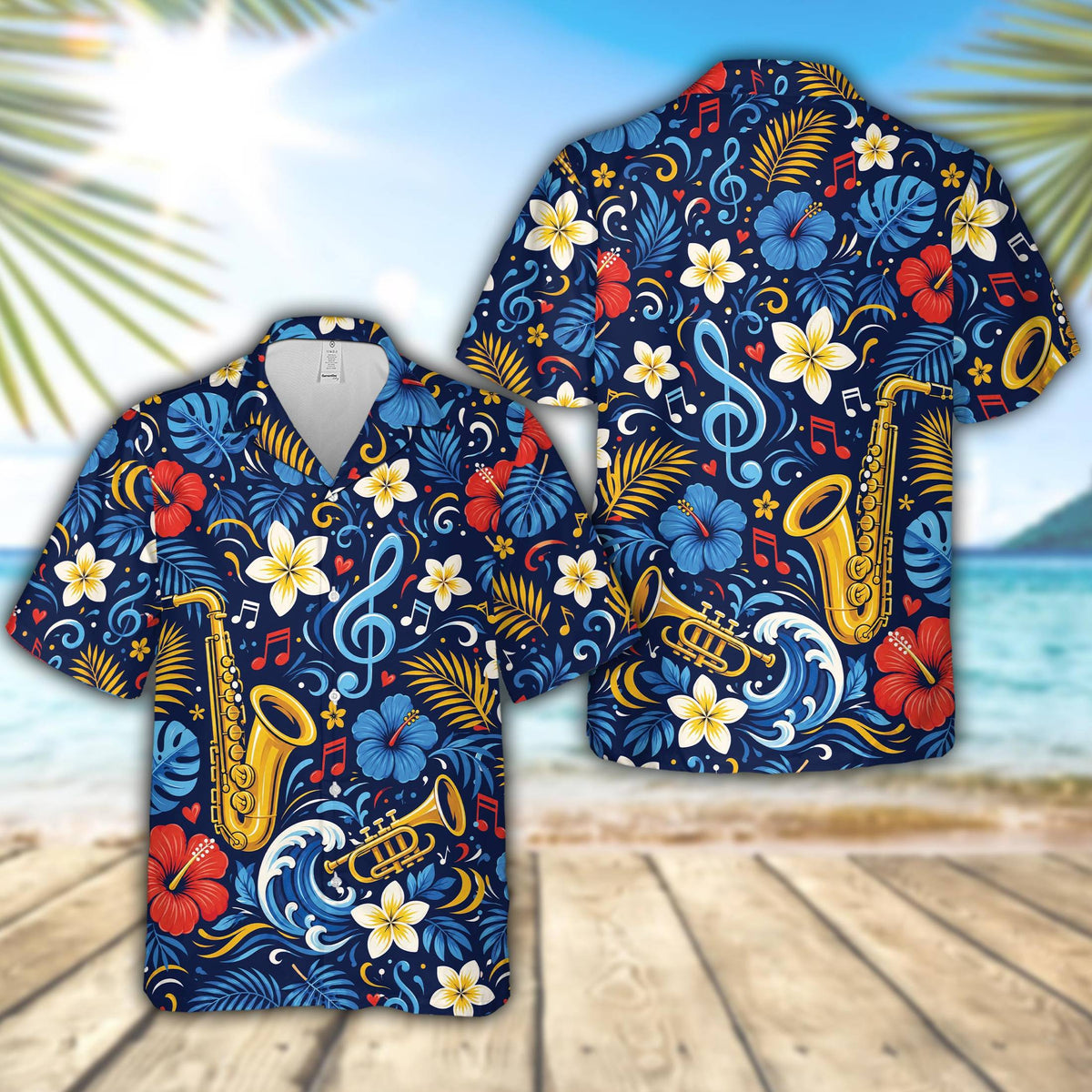 Front view of the navy tropical music hawaiian shirt showing the saxophone, trumpet, and hibiscus design