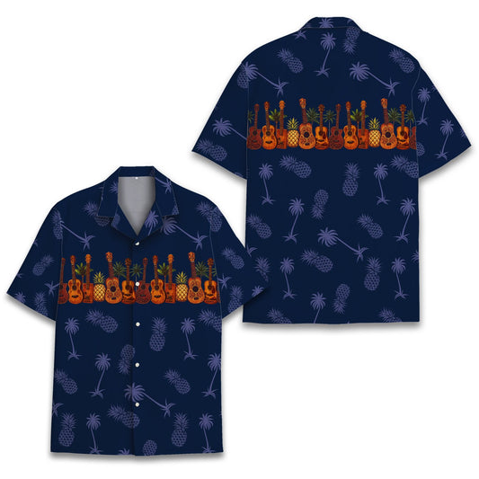 Navy hawaiian shirt with tropical pineapple and ukulele print, main view