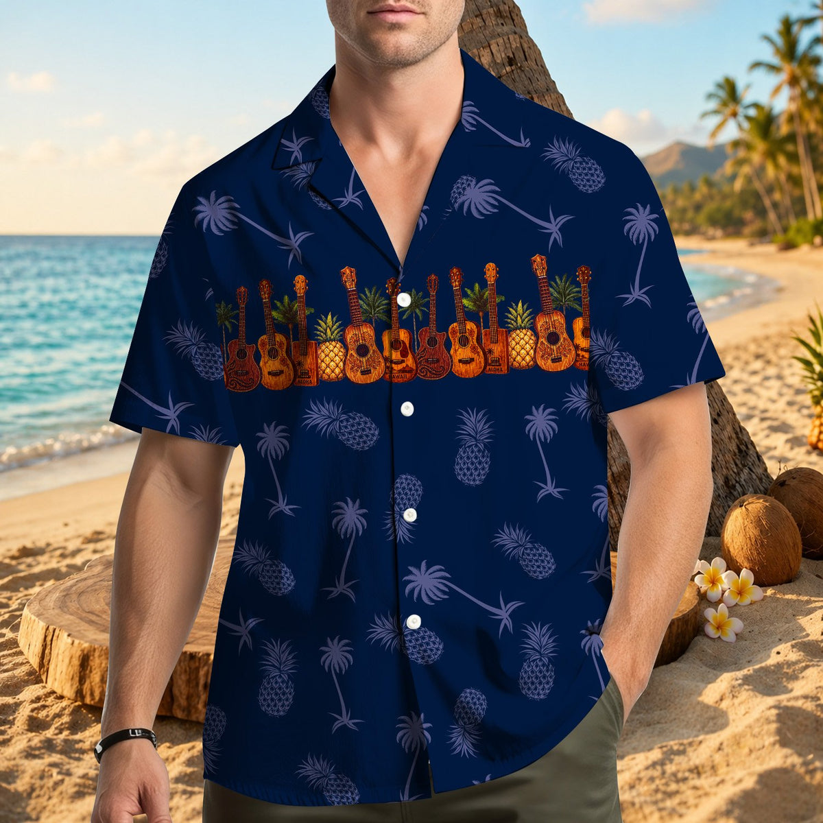 Lifestyle view of the tropical navy hawaiian shirt being worn