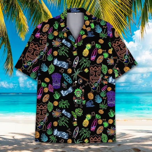 Main view of the tropical neon hawaiian shirt on a black background