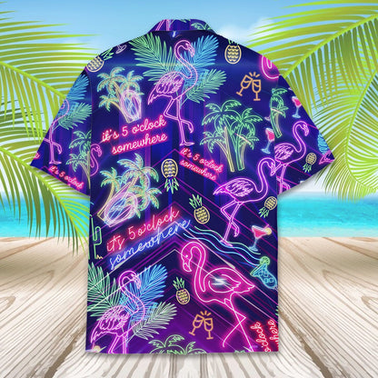 Back view of the tropical neon hawaiian shirt showing the continuous neon motif