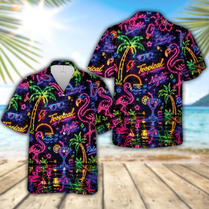 Tropical neon hawaiian shirt featuring glowing flamingos and palm trees on a dark background, main view
