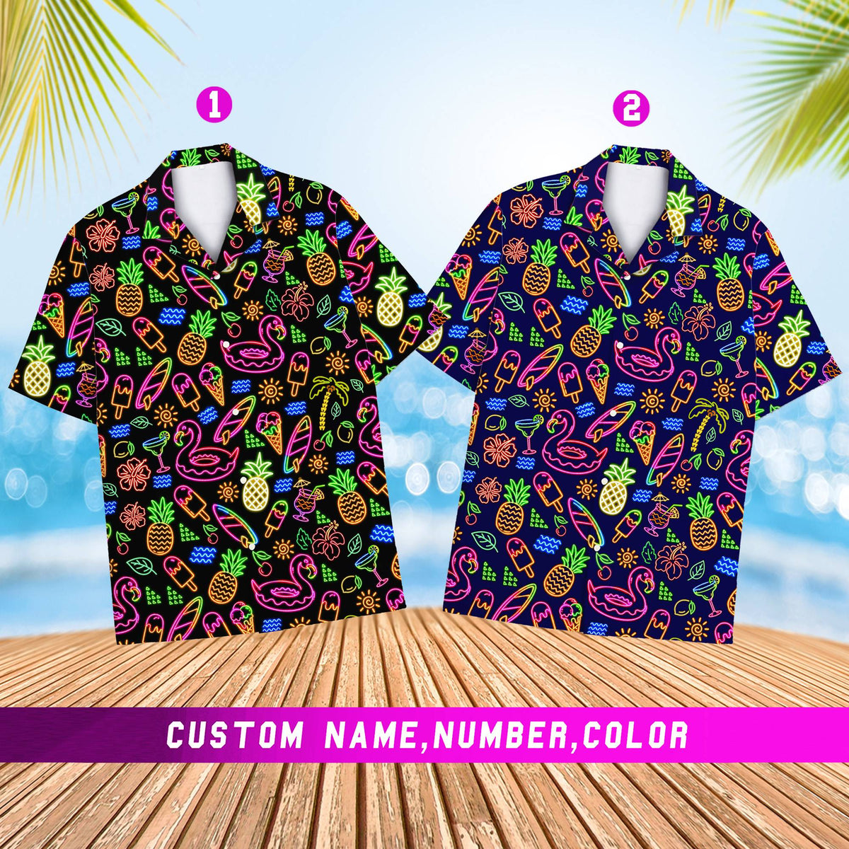 Another front view of the custom name and number tropical neon hawaiian shirt