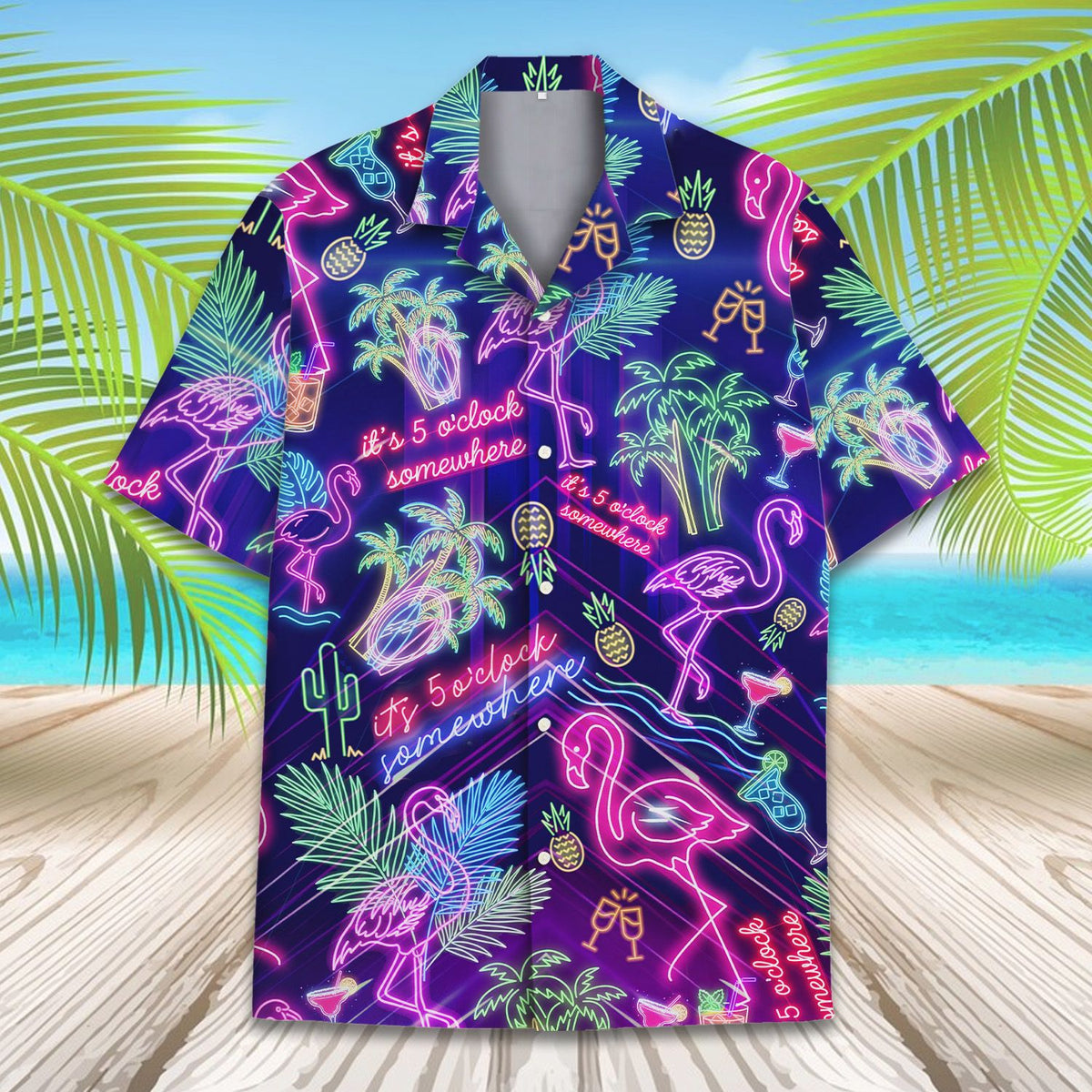 Additional front view of the tropical neon button-down hawaiian shirt