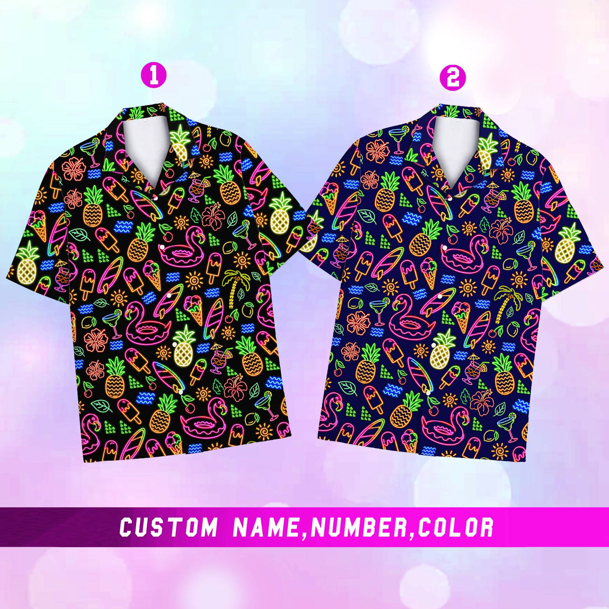 Alternate front view of the neon hawaiian shirt