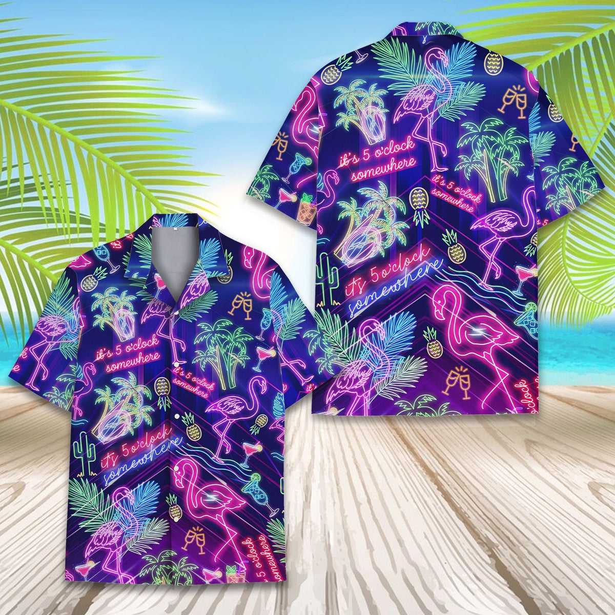 Close-up front view detailing the neon cocktail and palm tree print on the hawaiian shirt