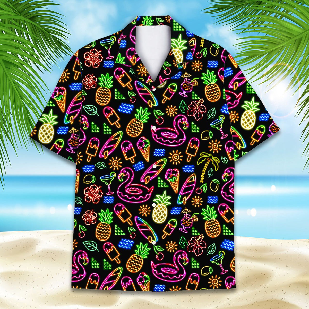 Front angle view showing the vivid tropical neon design on a black background