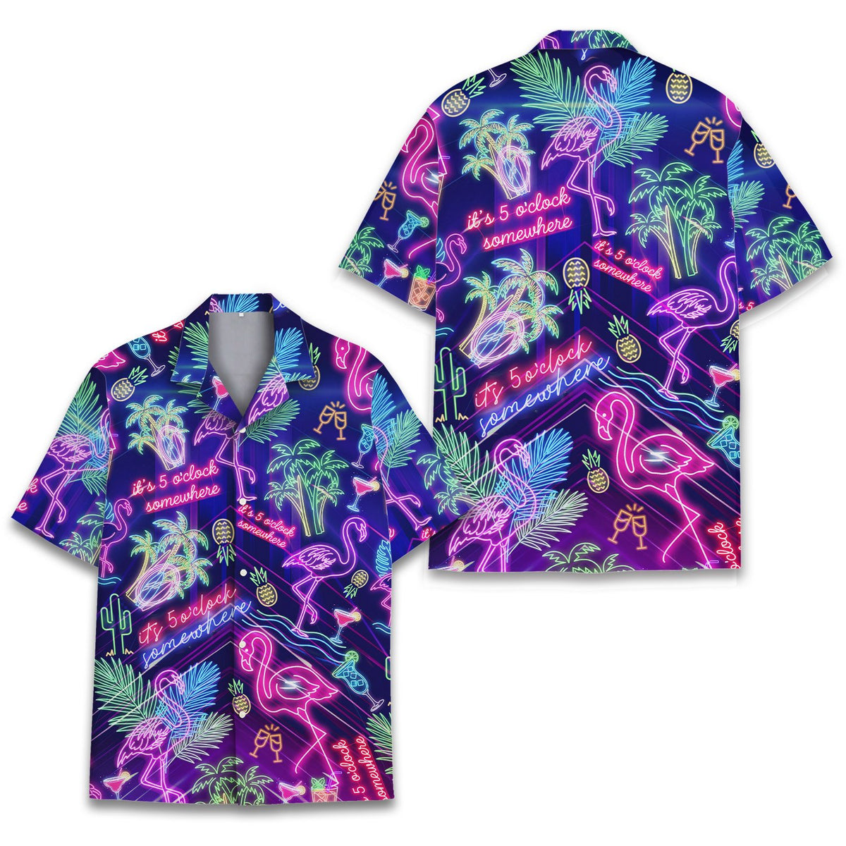 Detailed front view of the neon sign inspired hawaiian shirt collar and buttons