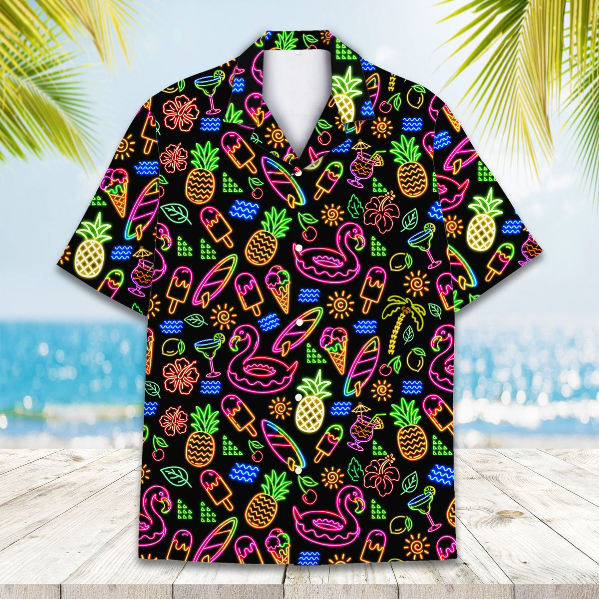 Close up front view of the tropical neon elements on the hawaiian shirt