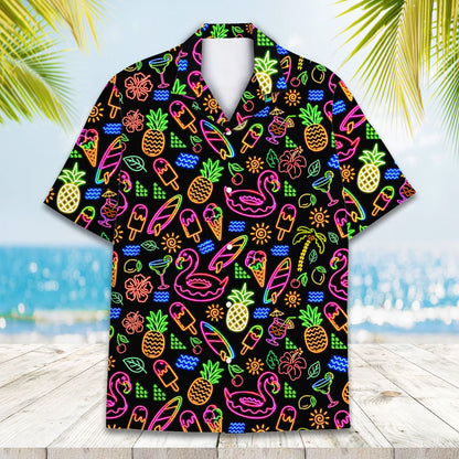 Close up front view of the tropical neon elements on the hawaiian shirt