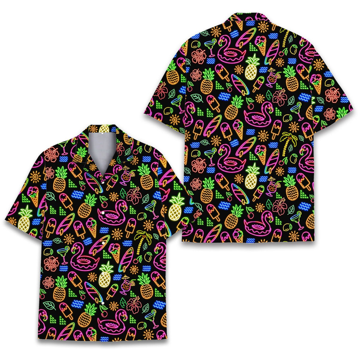 Front lifestyle view of the custom tropical neon hawaiian shirt