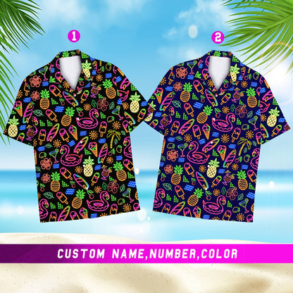 Main view of the personalized tropical neon hawaiian shirt featuring custom name and number