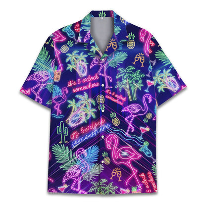 Main view of the tropical neon hawaiian shirt featuring glowing flamingos and palm trees on a navy background