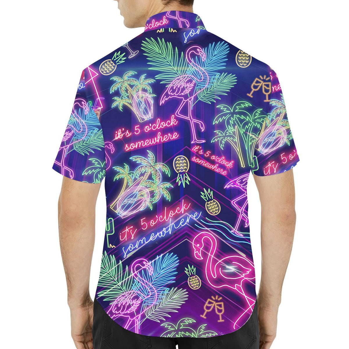 Lifestyle image of the tropical neon hawaiian shirt worn outdoors