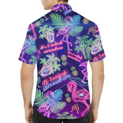 Lifestyle image of the tropical neon hawaiian shirt worn outdoors