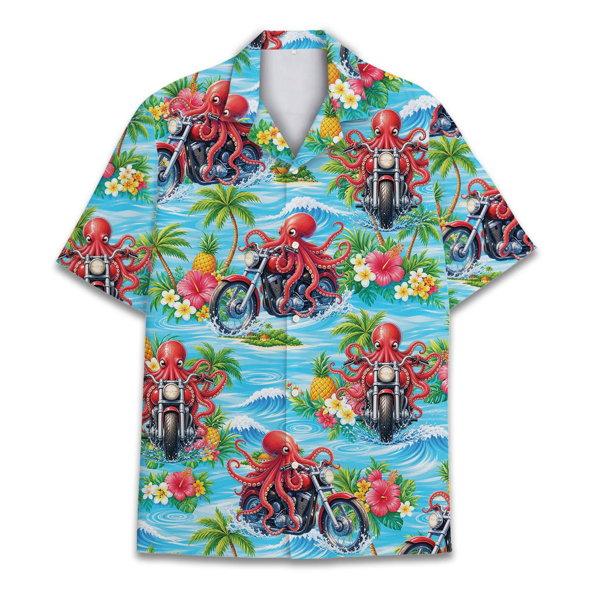 Front view of the tropical octopus motorcycle hawaiian shirt in light blue