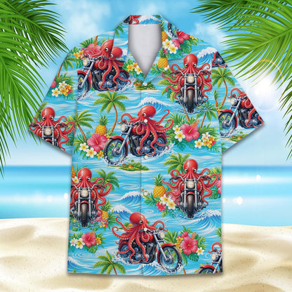 Another lifestyle shot of the octopus hawaiian shirt outdoors