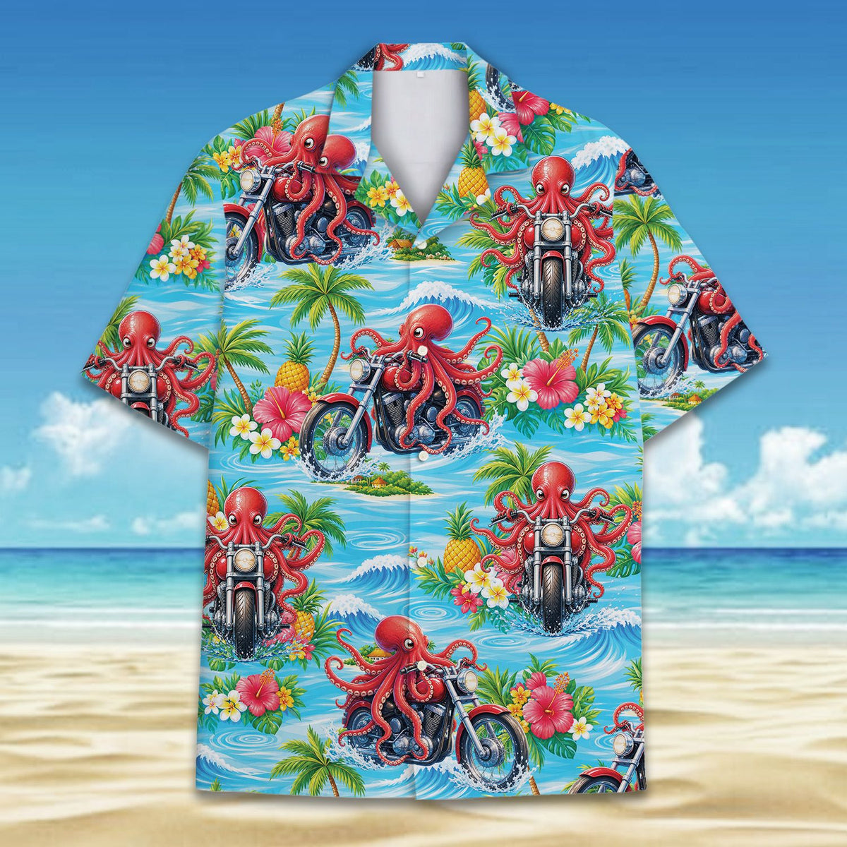 Close-up lifestyle view of the tropical octopus motorcycle print