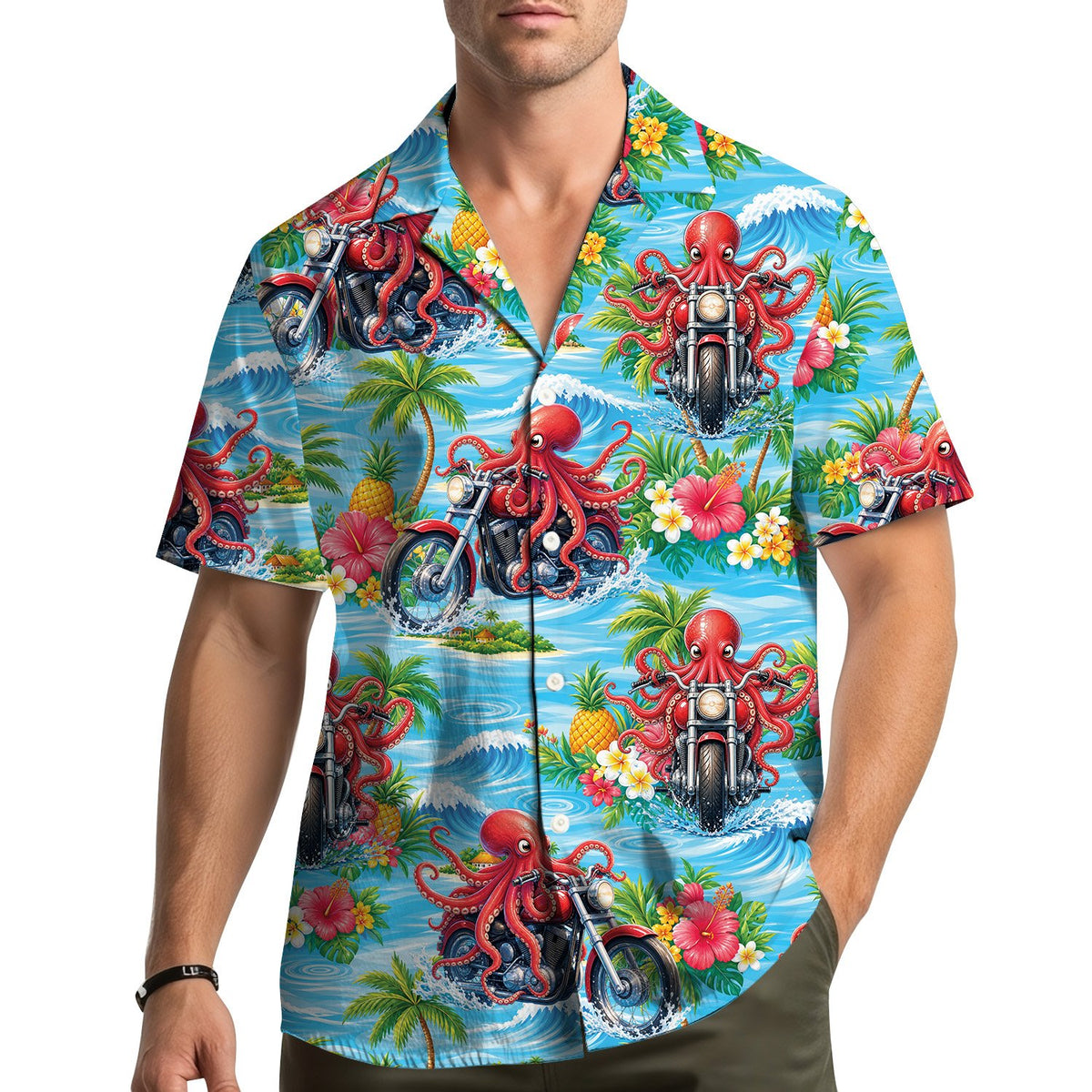 Fourth lifestyle shot showing the summer hawaiian shirt in action