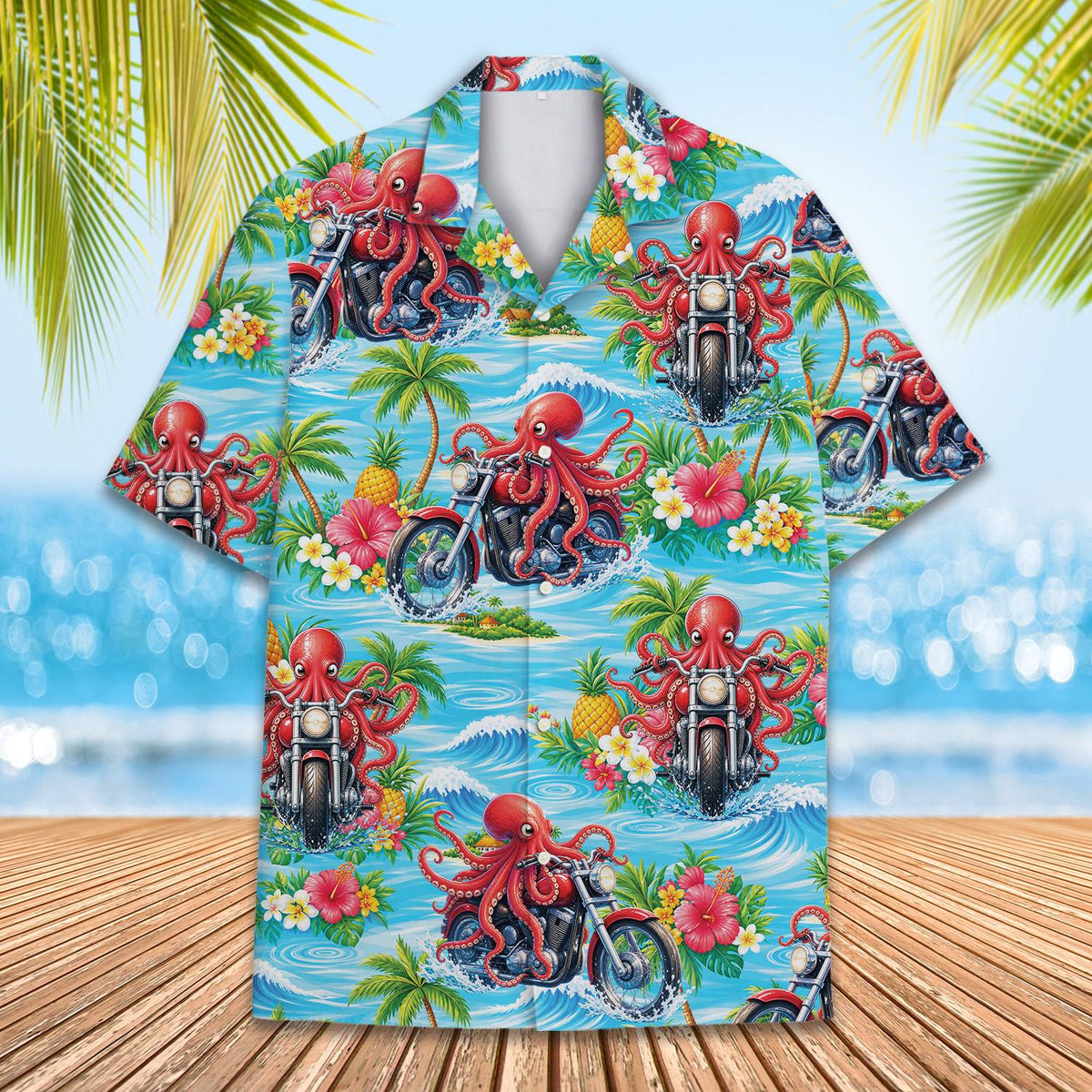 Lifestyle shot of an adult wearing the matching family hawaiian shirt with octopus design