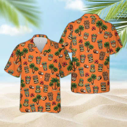 Orange matching family hawaiian shirt with tropical tiki pattern, front view