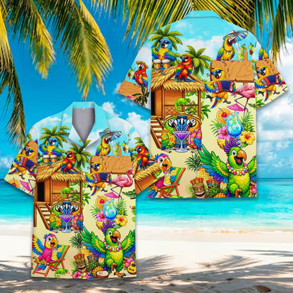 Front view of the matching family hawaiian shirt with parrot and flamingo print