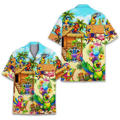 Front view highlighting the button-down style of the tropical parrots hawaiian shirt