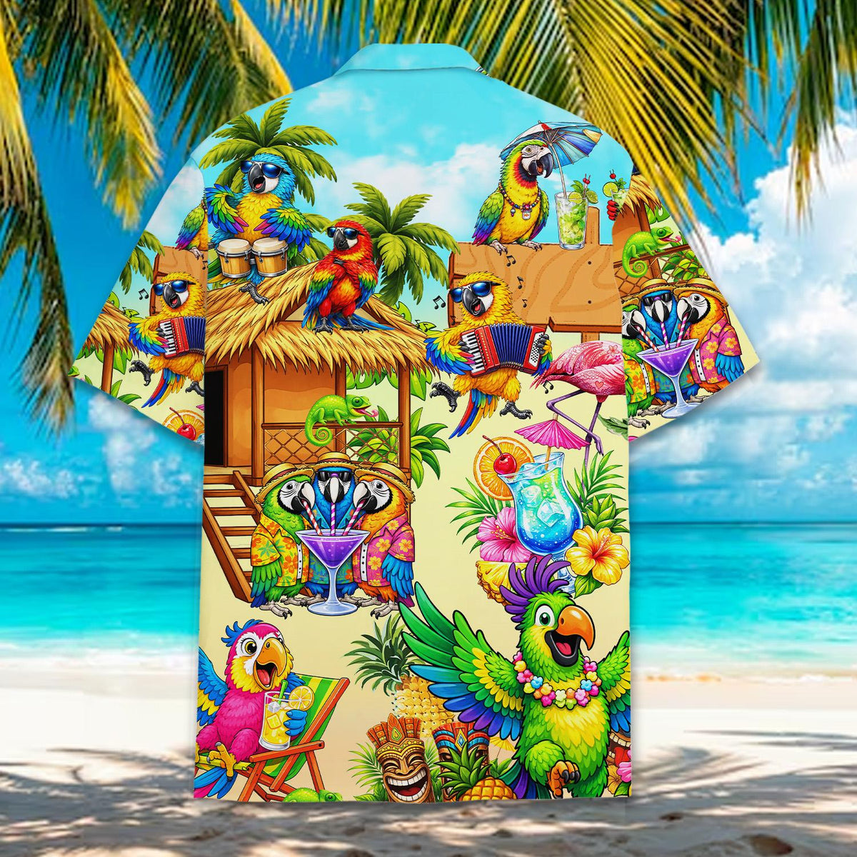 Back view of the colorful matching family hawaiian shirt