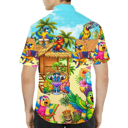 Back view of the tropical parrots hawaiian shirt showcasing the sandy beach and blue sky background