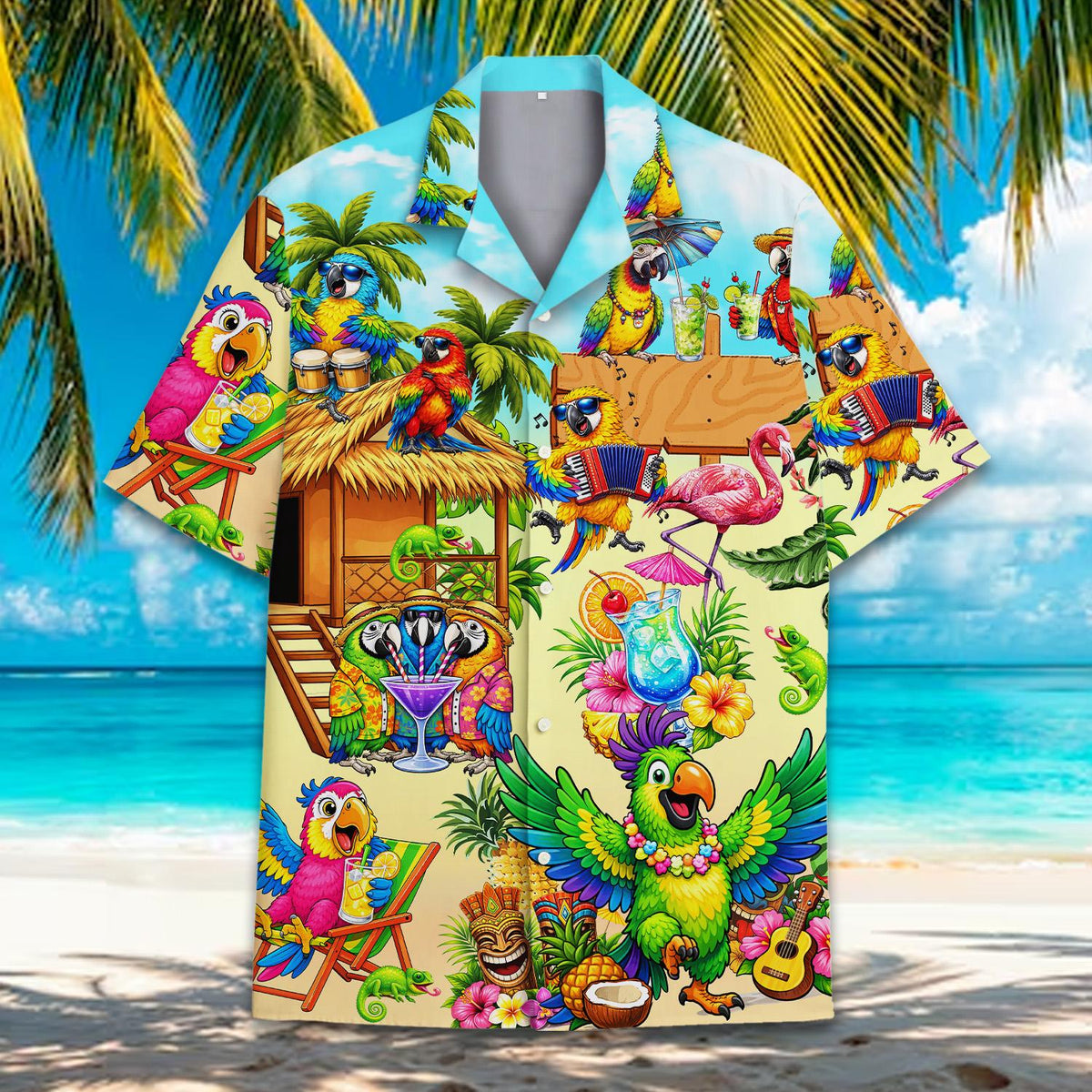 Front view of the tropical parrots hawaiian shirt showing the bright yellow and blue details