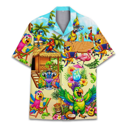 Main view of the vibrant tropical parrots hawaiian shirt for matching families