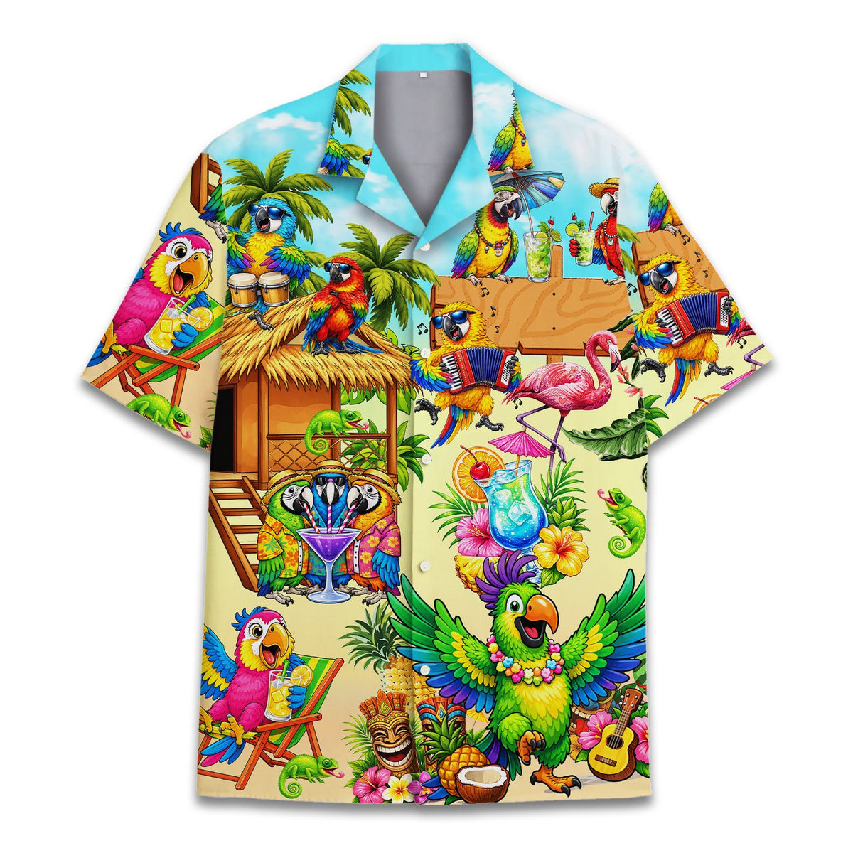 Front view of the tropical parrots hawaiian shirt featuring colorful birds and tiki huts