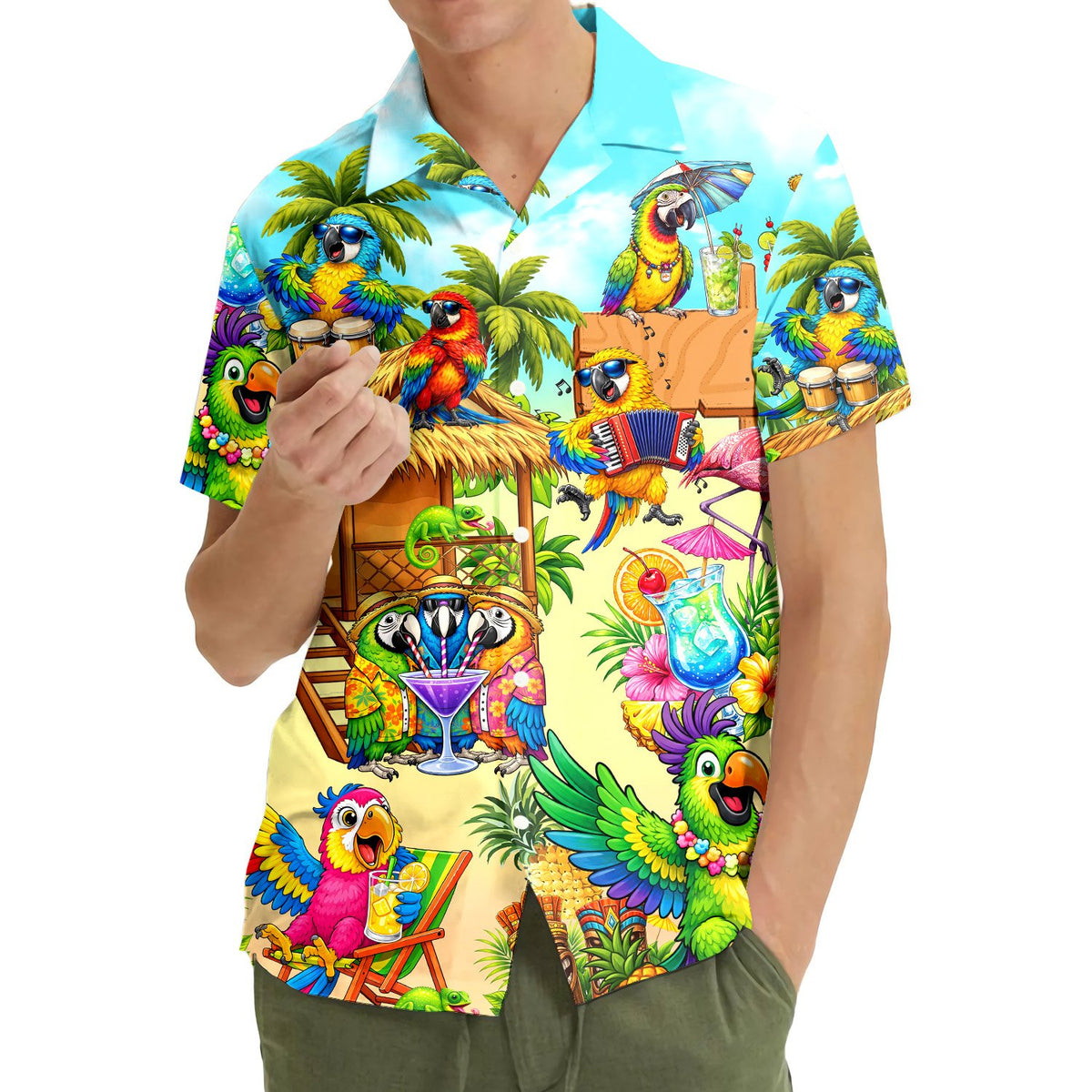 Lifestyle view of the tropical parrots hawaiian shirt worn in a sunny setting