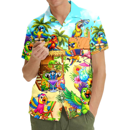 Lifestyle view of the tropical parrots hawaiian shirt worn in a sunny setting