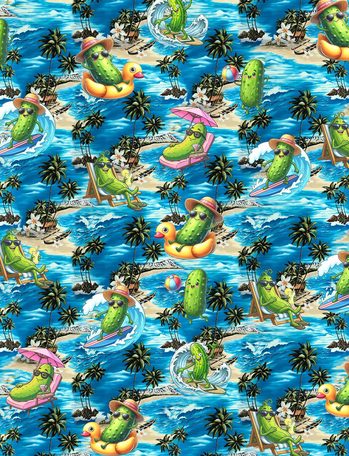 Back view of the tropical hawaiian shirt featuring surfing pickles
