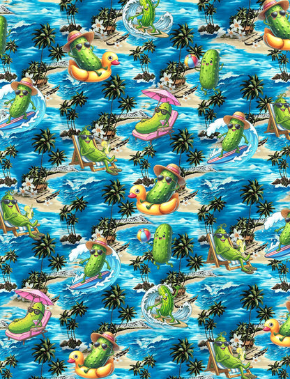 Back view of the tropical hawaiian shirt featuring surfing pickles